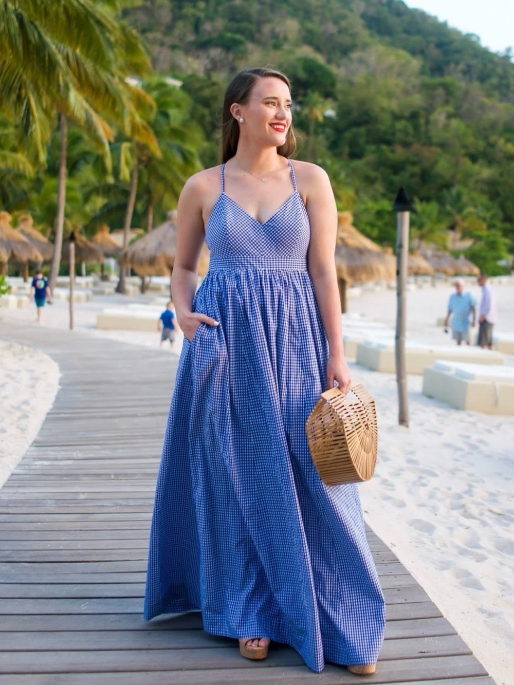 J.Crew Gingham Long Spaghetti-Strap Maxi Dress Navy Blue White Pockets 10 - Picture 6 of 16